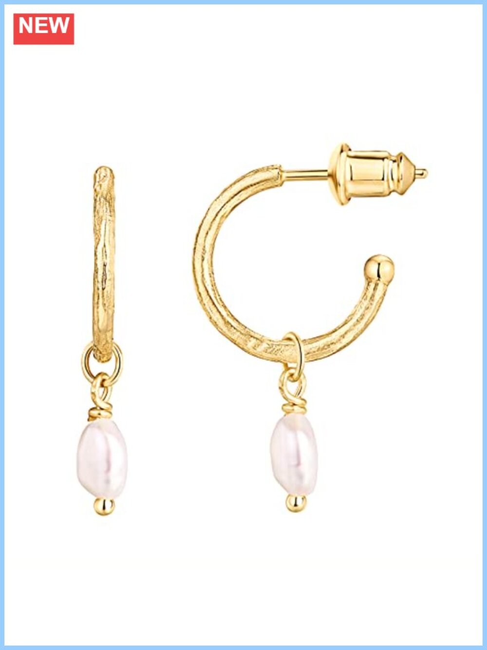 14K Gold Plated Huggie Hoop Earrings with Freshwater Pearl Dangle Charms